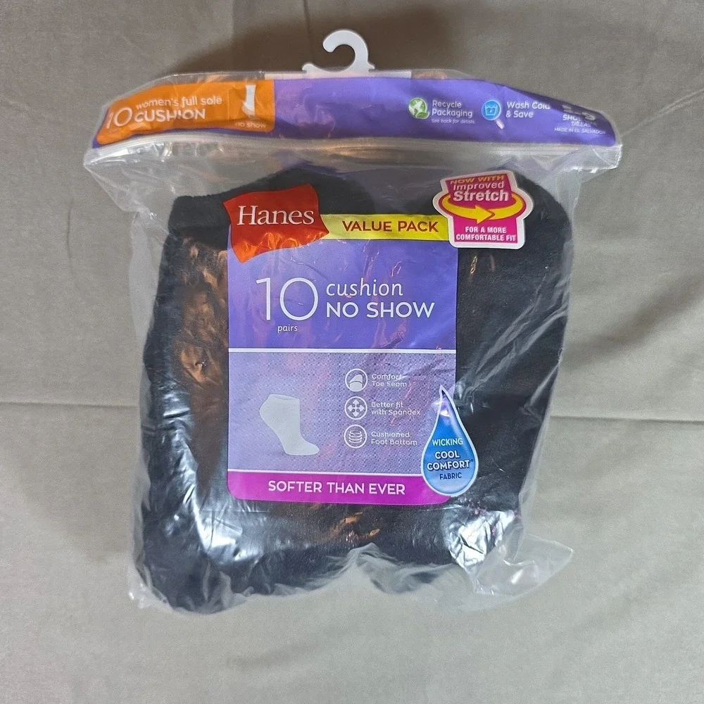 Hanes Womens Cushion No Show Socks 10‎ pairs Size 5-9 Black Wicking Comfort Cool